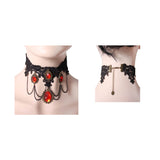 Red Ruby Lace Choker, lace necklace embellished with red jewels and chains.