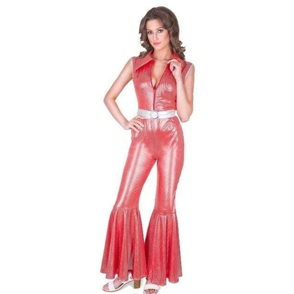 Red/Silver Disco Diva Jumpsuit Costume, lightweight shimmer jumpsuit, zips up at front with full frill from the knee.