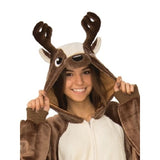 Reindeer Furry Onesie Adult Costume, attached hood with cute nose, ears, and antlers.