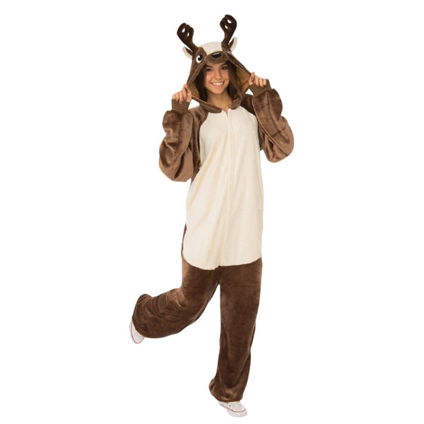 Reindeer Furry Onesie Adult Costume, jumpsuit in brown with cream tummy, attached hood with antlers and cute spots on the back.
Unisex.