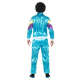 Retro 80's Shell Suit - Blue satin tracksuit with purple and yellow trim.