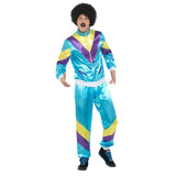 Retro 80's Shell Suit - Blue, blue satin tracksuit with ppurple and yellow contrasting trim.