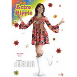 Retro Hippie Chick Dress - Dr Toms, short dress in black/pink/orange with trumpet sleeves and brown fringing under the bust.
