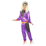 Retro Shell Suit - Purple, purple and black print track suit in satin with orange trim.