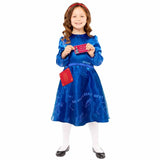 Roald Dahl Matilda Kids Classic Costume, blue dress with matilda logo and print skirt, red headband.