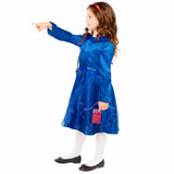 Roald Dahl Matilda Kids Classic Costume, blue long sleeve dress, peter pan collar and book mark.