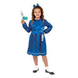 Roald Dahl Matilda Sustainable Childs Costume, royal blue dress, peter pan collar, logo at waist and print at hemline, dress, headband, newt and library card and book mar,k.