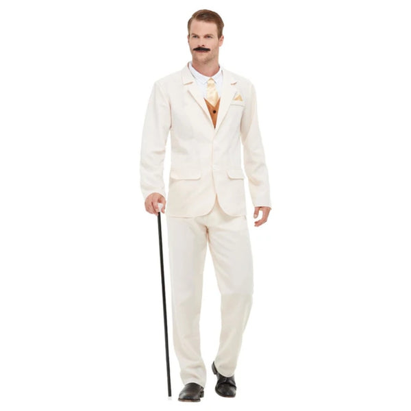 Roaring 20's White Gent Costume, white tuxedo jacket, trousers and mock top.