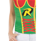 Robin Superhero Corset - Adult in green, red cups and yellow trim with "R" logo print on the front.