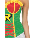 Robin Superhero Corset - Adult in green, red cups and yellow trim with "R" logo print on the front.