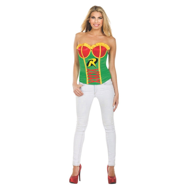 Robin Superhero Corset - Adult in green, red cups and yellow trim with "R" logo print on the front.