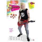 Rockstar Adult Costume, sleeveless black shirt, zebra print tights and sash.