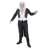 Rocky Horror Riff Raff Costume, black tail coat that is quite short at the front, white waistcoat and bow tie.