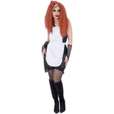 Rocky Horror Show Magenta Costume, fully sheer black dress, white apron and glovettes. Can see through this dress to see your under garments.