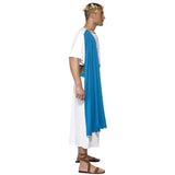 Roman Senator Costume with mid calf robe with blue shoulder drape and blue and gold blet and gold leaf laurel.