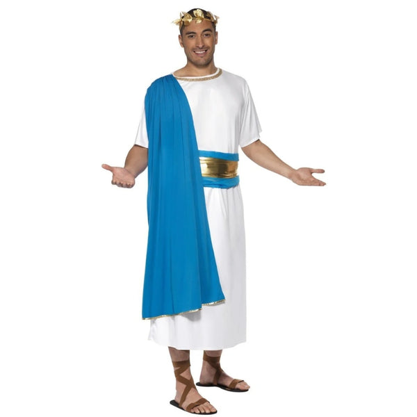 Roman Senator Costume, white robe with blue drape and blue and gold sash and gold leaf laurel.