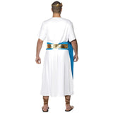 Roman Senator Costume with mid calf robe with blue shoulder drape and blue and gold blet and gold leaf laurel.