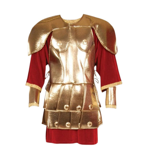 Roman Soldier Gladiator Costume - Hire, silver, tunic and matching arm cuffs and leg guards, red velvet tunic, hire includes helmet.