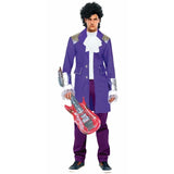 Royal Pop Star Mens Costume, purple long coat with silver accents and frilly cuffs. Sleeveless white shirt and inflatable guitar.
