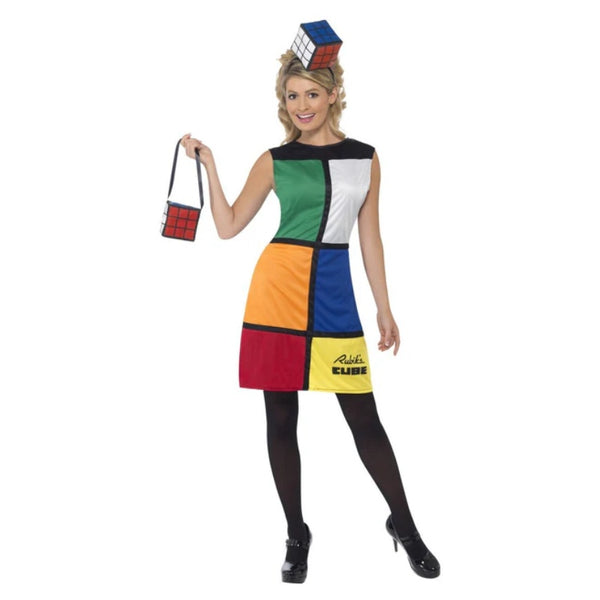 Rubiks Cube Costume with Headband, dress with icoic square print and logo and headband and handbag.