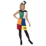 Rubiks Cube Costume with Headband, dress with squares on the front with logo, plain black back. headband and headband.