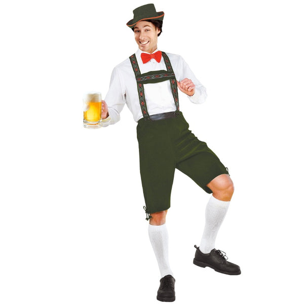 Rudolph oktoberfest costume in green with decorative braces and soft hat.