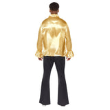 Satin Ruffle gold shirt, wide collar and puffy sleeves.