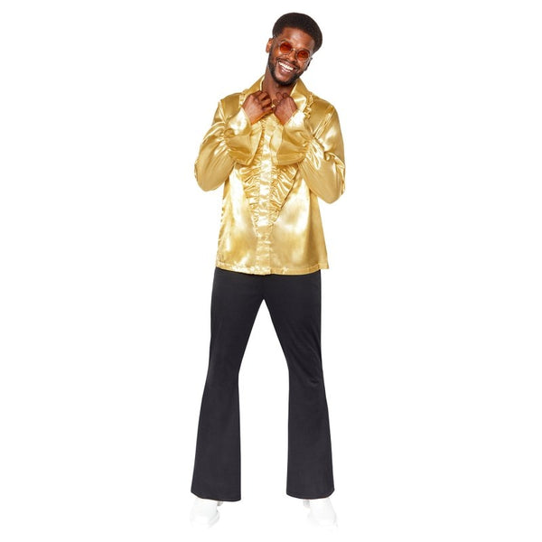 Satin Ruffle gold shirt with puffy sleeves.