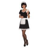 Saucy French Maid Ladies Costume, black dress with lace trim, white half apron and headdress.