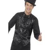 Black sequin waistcoat for men, sequin front, satin back with adjustable tab.