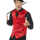 Sequin waistcoat in red for men, button up at front and adjustable tab at the back.