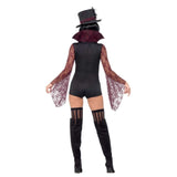 Sexy Women's Vampire Costume - Fever, short jumpsuit with red lace sleeves and high collar.