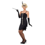 Short Black Flapper, shoe string straps, fringing back and front with headband and gloves.