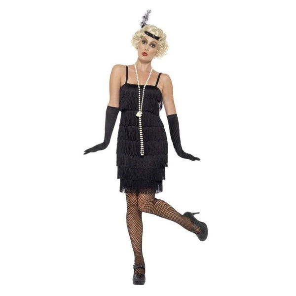 Short Black Flapper, shoe string straps, fringing back and front with headband and gloves.