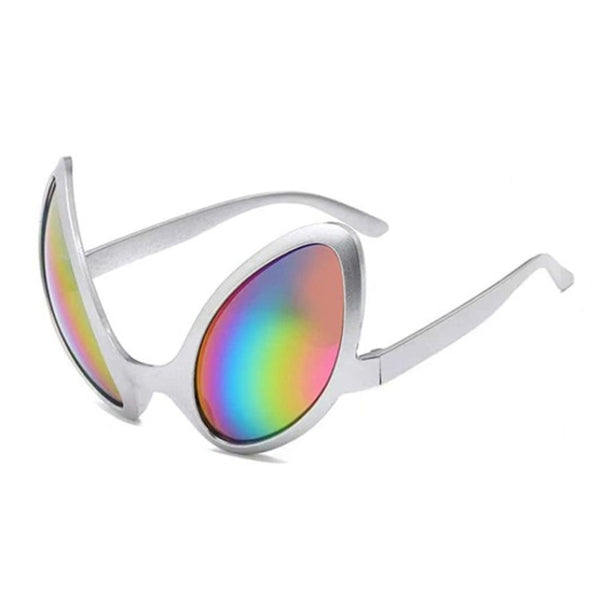 silver alien glasses with refelective lens, silver frame in the shape of alien eyes.