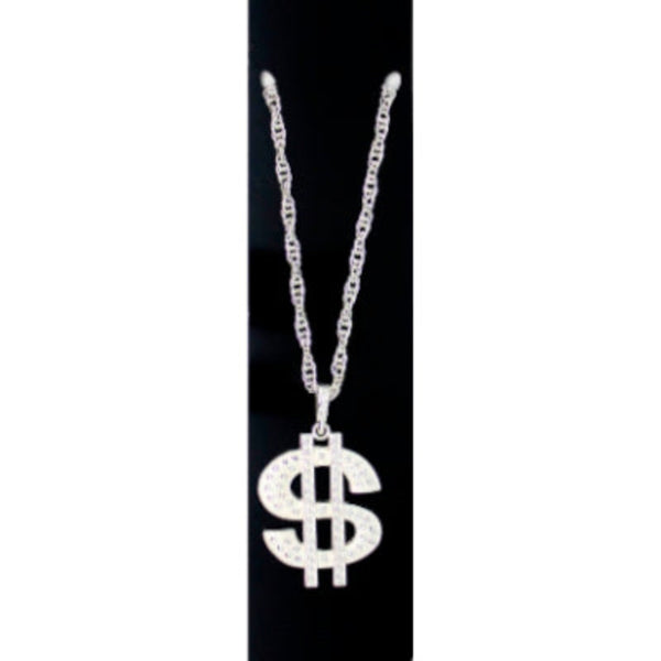 Silver Dollar Sign Metal Necklace on twisted silver chain.