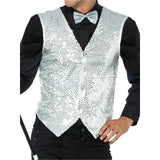 Front view of adult silver sequin waistcoat featuring a button-up front, satin back, and adjustable tab, perfect for parties or performance wear.