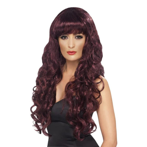 Siren Wig, Maroon, long curly wig with fringe.