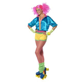 Skater Girl ladies costume, short yellow shorts, pink boob tube and blue satin short sleeve top.