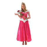 Sleeping beauty deluxe adult costume, hot pink with white loveheart collar and off the shoulder neckline, ankle length.