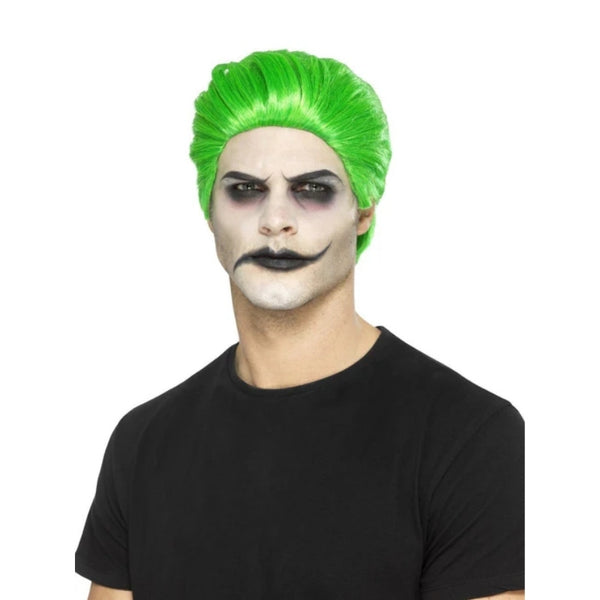 Slick Trickster Green Wig, slicked back vibrant green mens wig.