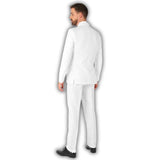 Solid white suit, jacket has small splits at the side back.