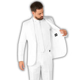 Solid white suit with lined jacket, pants with zip and tie.