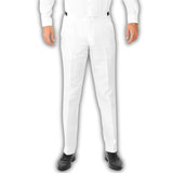 Solid white suit with pants have pockets.