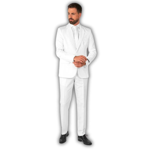 Solid white suit includes lined jacket, pants and tie.