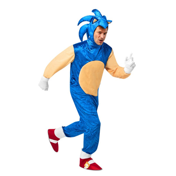 Sonic the hedgehog costume for adults, in blue crushed velour fabric, jumpsuit attached shoe covers and headpiece with 3d spikes.