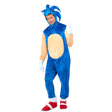 Sonic the hedgehog costume for adults, in blue crushed velour fabric, jumpsuit attached shoe covers and headpiece with 3d spikes.