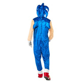 Sonic the hedgehog costume for adults, in blue crushed velour fabric, jumpsuit attached shoe covers and headpiece with 3d spikes, plus 2 spikes on the back.