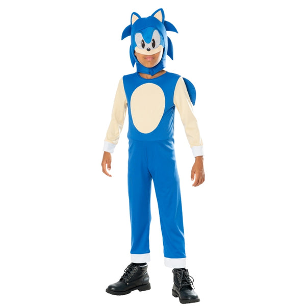 Sonic The Hedgehog Costume - Child, blue and cream jumpsuit with spikes on shoulders, seperate headdress with spikes and ears.