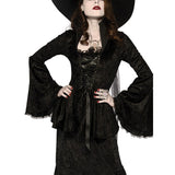 Soul Crushed Velvet Top-Adult, trumpet sleeve, lacing at bodice, high collar and lace neckline.